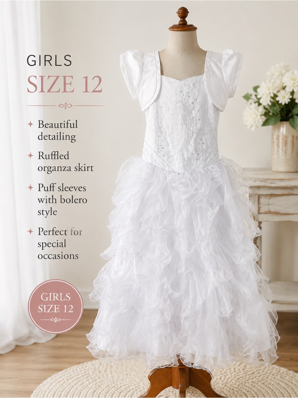 Tip Top Kids White Ruffled Organza Party Dress with Puff Sleeves